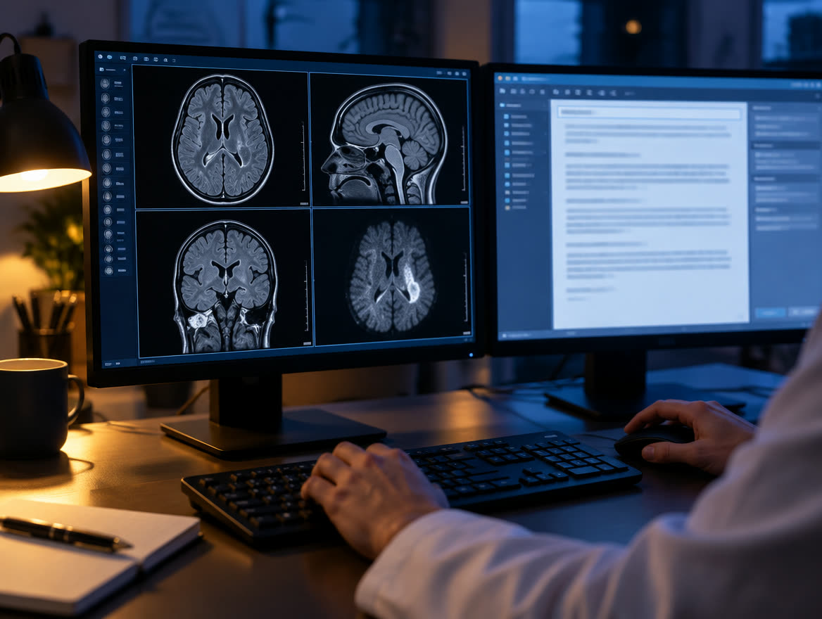 Radiologista com séries de ressonância e o laudo lado a lado