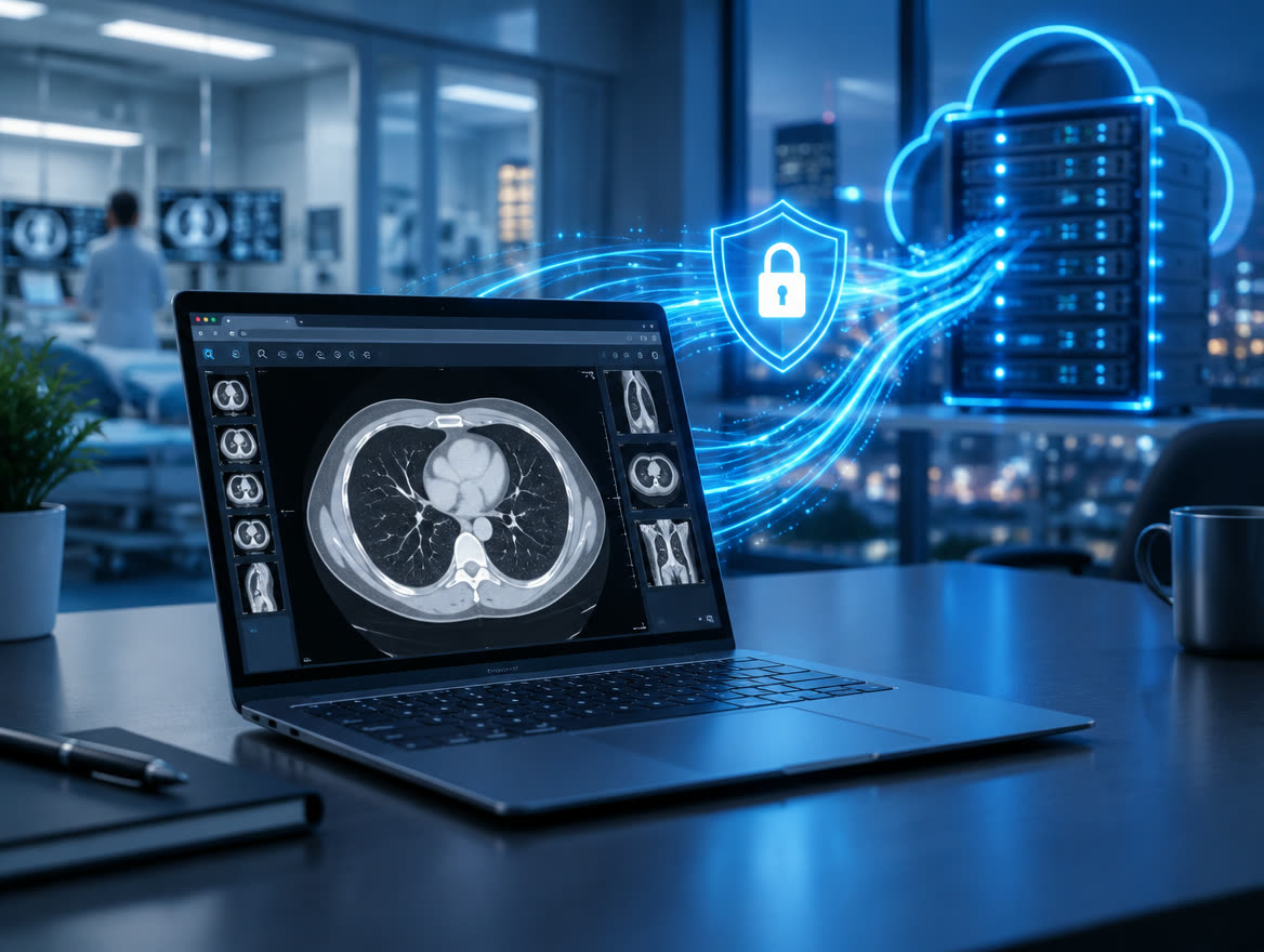 Laptop abrindo estudo vindo de servidor seguro