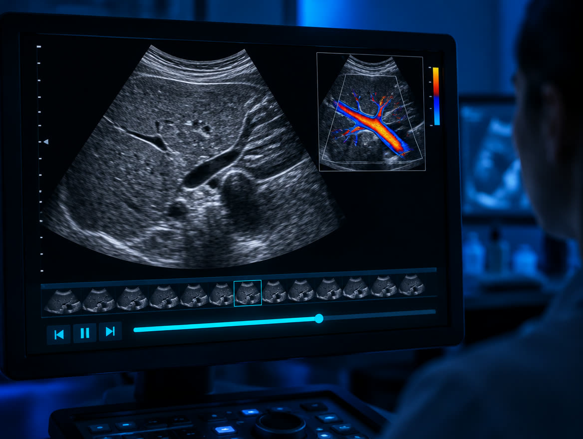 Ultrassom de fígado com Doppler colorido e barra de reprodução
